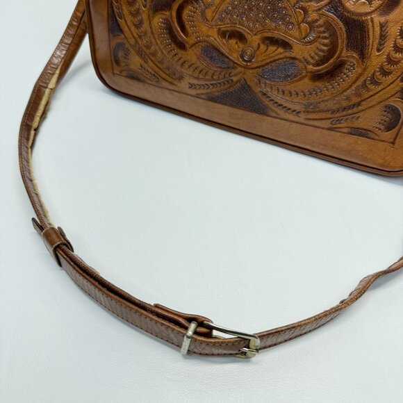 Vintage Hand Tooled Leather Shoulder Bag Made In Mexico Rose Flower - Picture 9 of 16